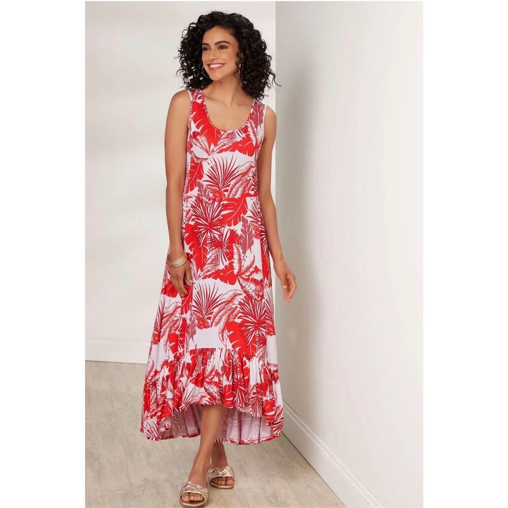 Soft Surroundings Palm Print Midi Dress Women’s 2X High-Low Red White Resort